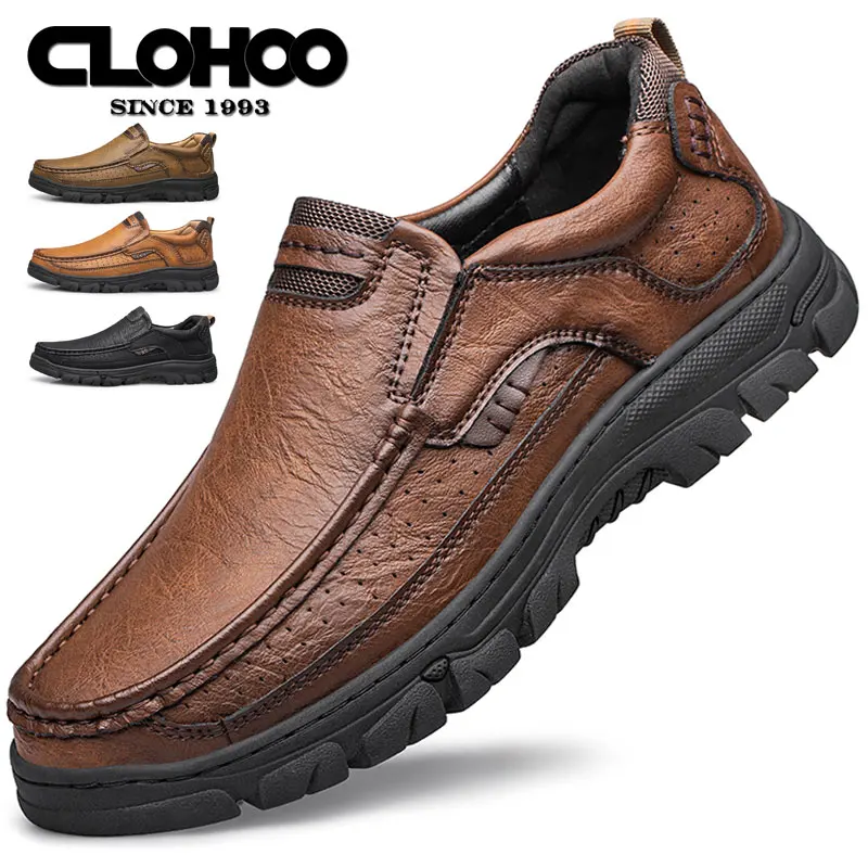 CLOHOOMen's Casual Loafers Handmade Breathable Leather Shoes with Thick Rubber Sole Comfortable Footwear Classic Hand Sewn Seams