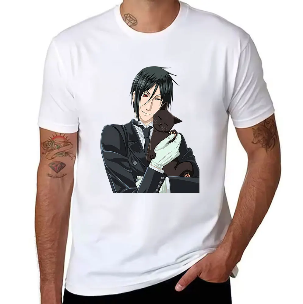 Men's Cotton T-Shirt Black Butler Sebastian Michaelis & Cat Print Anime Graphic Tee Casual Short Sleeve Top for Anime Fans