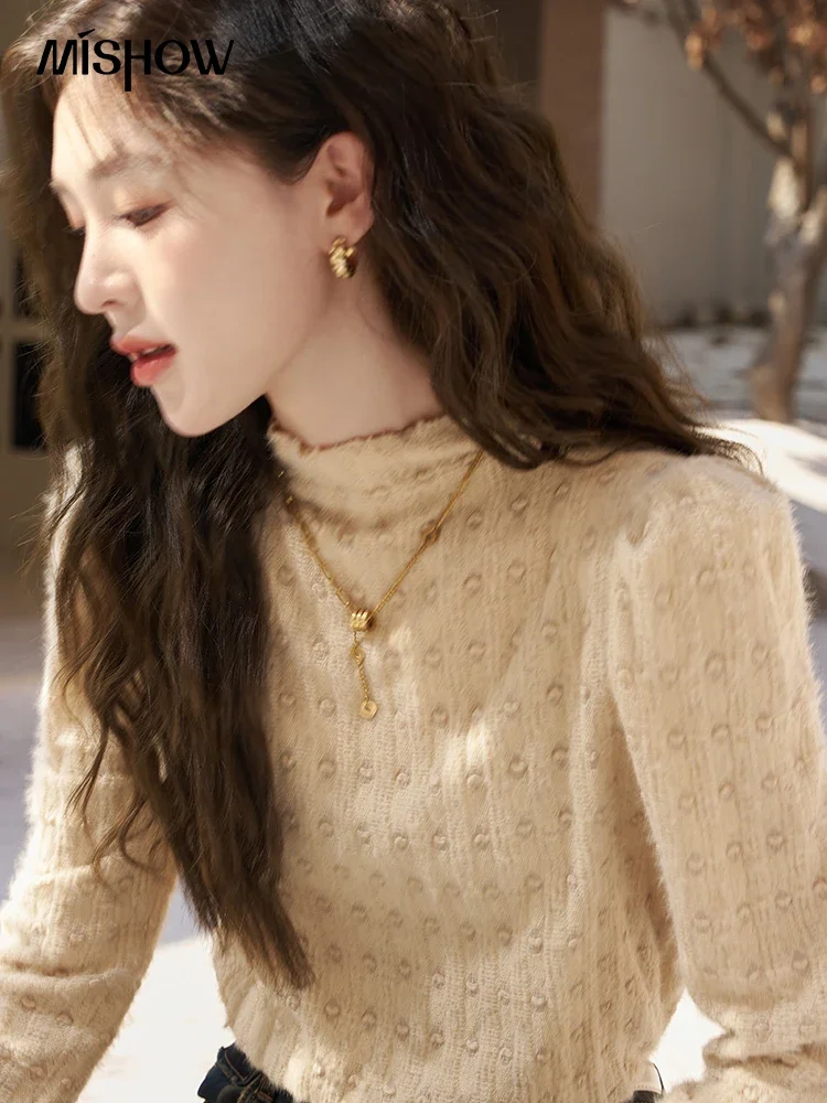 MISHOW Lace Bottoming Shirt Women Autumn Winter Mock Neck Long Sleeve Knitted Pullover French Warm Inner Top Female MXC58Z0481