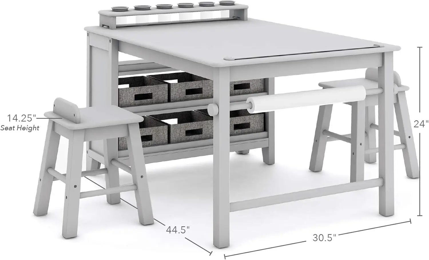 Set tavolo e sgabello d'arte per bambini Stewart (grigio)-scrivania da disegno e pittura in legno con rullo di carta, bicchieri di vernice e Craf rimovibile