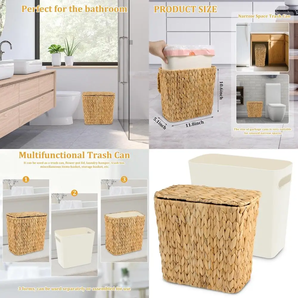 

Handcrafted Wicker Trash Bin with Lid, 2.5 Gallon Bohemian Rattan Wastebasket for Home, Office, and Kitchen