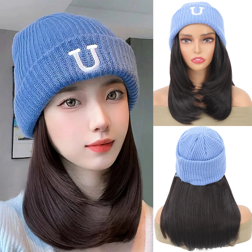 Short Hair Hat Wig Natural Brown Wig Connected With Synthetic Knitting Hat Hair Warm Wig In Winter Adjustable For Women