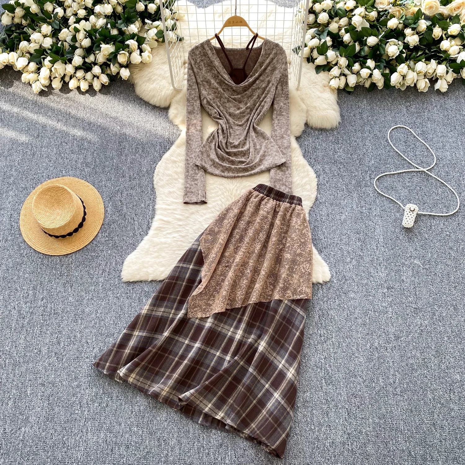 

Шикарные женские комплекты из двух предметов, клетчатый топ с распашным воротником, юбка с высокой талией, уличная одежда Fairycore