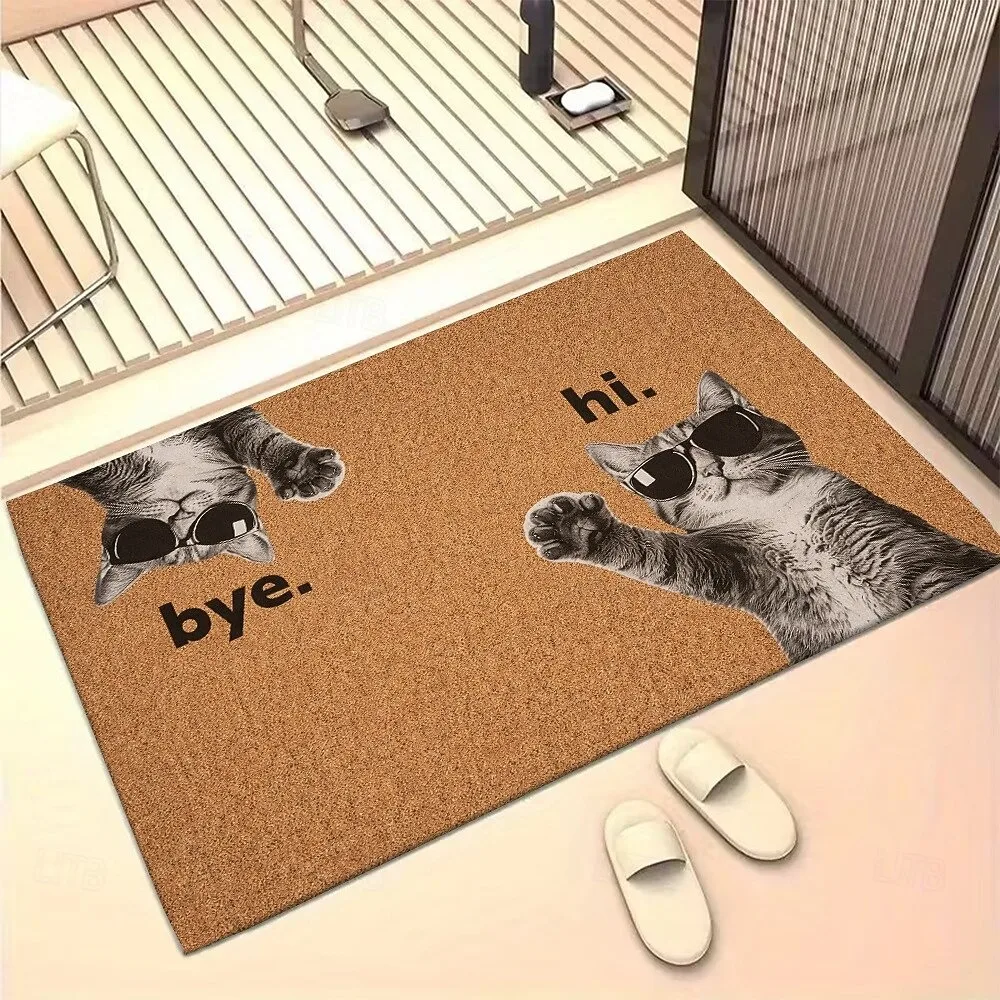 Funny Hi Bye Cat Graphic Doormat Cool Sunglasses Cat Print Entrance Mat Non-Slip Welcome Rug for Home Entrance Living Room