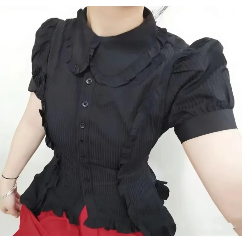 Women Victorian Gothic Lolita Blouse Ruffles Peter Pan Collar Striped Y2K Punk Vintage Shirt