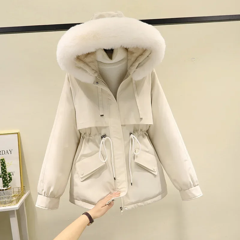 Autumn Winter Commuting Style Women's Parkas 2023 Winter New Hooded Fur Collar Plush Cotton Jacket Regular Zipper Women Clothing