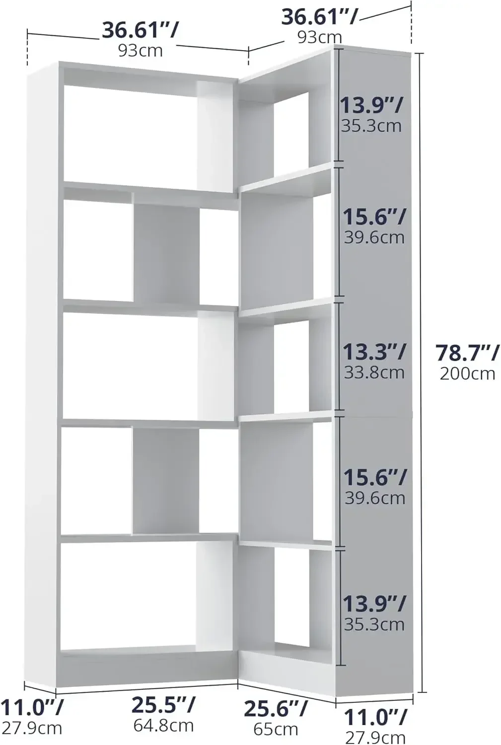 Castle Corner Bookshelf Standing 5 Tiers Display Storage Shelves 78 in Tall Bookcase Home Modern L-Shaped Design Furniture for H