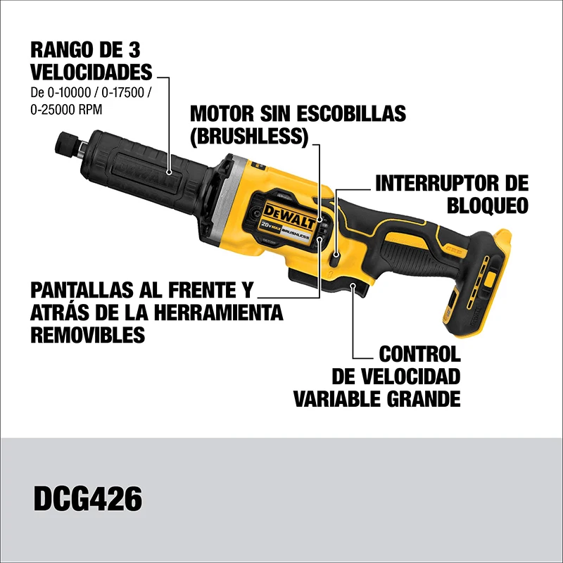 Imagem -02 - Dewalt-die Grinder 20v de Velocidade Variável Motor sem Escova Moedores Retos Metal Madeira Moagem Ferramentas de Polimento Dcg426b 25000rpm