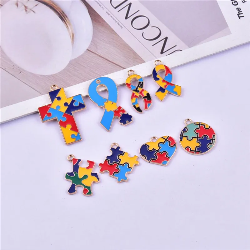 10pcs Autism Awareness Enamel Pendant Cross Heart Ribbon Color Puzzle Jigsaw Charm Metal Bracelet Necklace Jewelry Findings