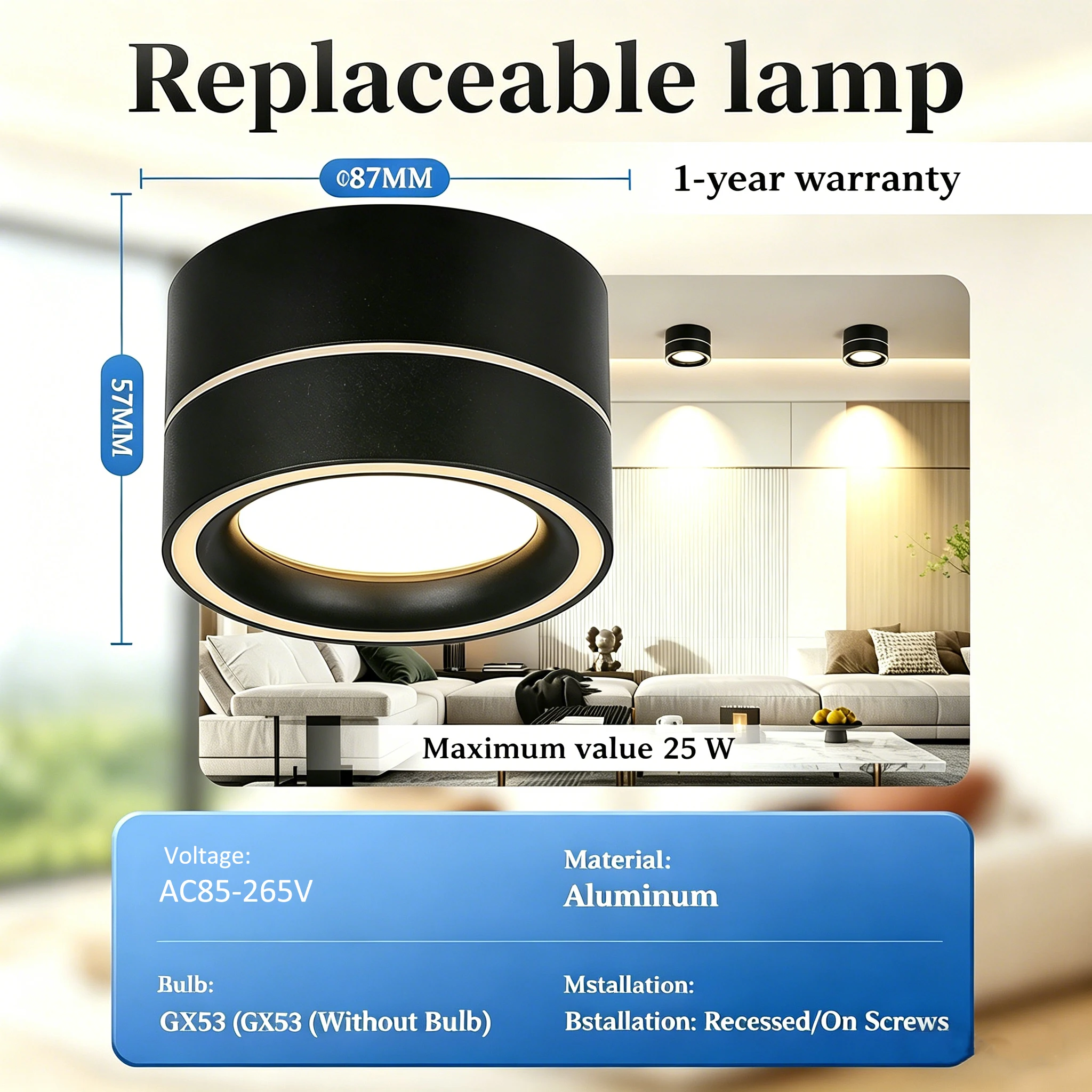 

LED Surface Mounted Downlight Replaceble GX53 Bulb Recessed Ceiling Light Indoor for Living Room Bedroom Downlight 110V 220V