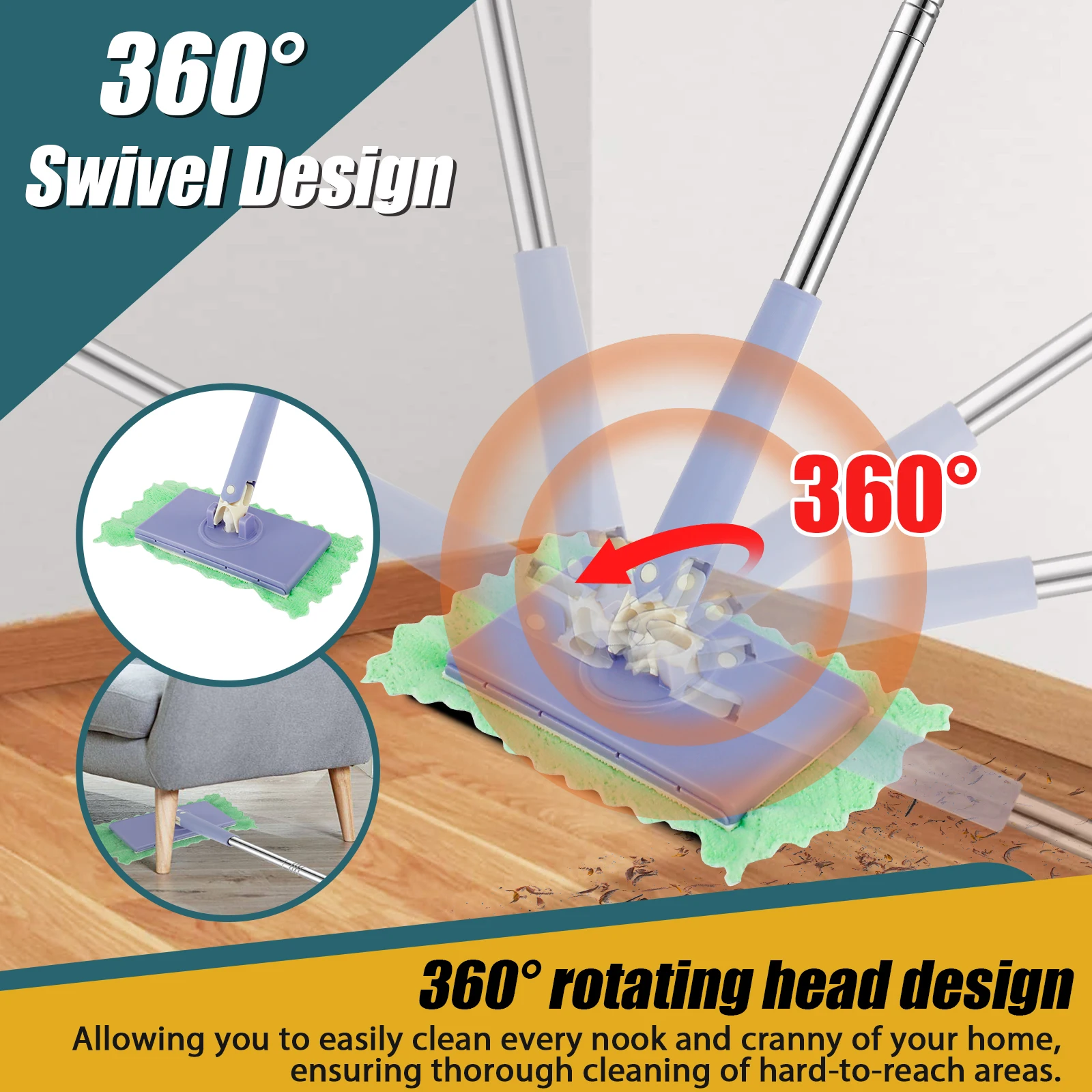 Microfiber Dust Mop Auto Cloth Changing Mini Mop 360°Rotating Flat Floor Mop Compatible Multifunctional Portable Large Flat Mop