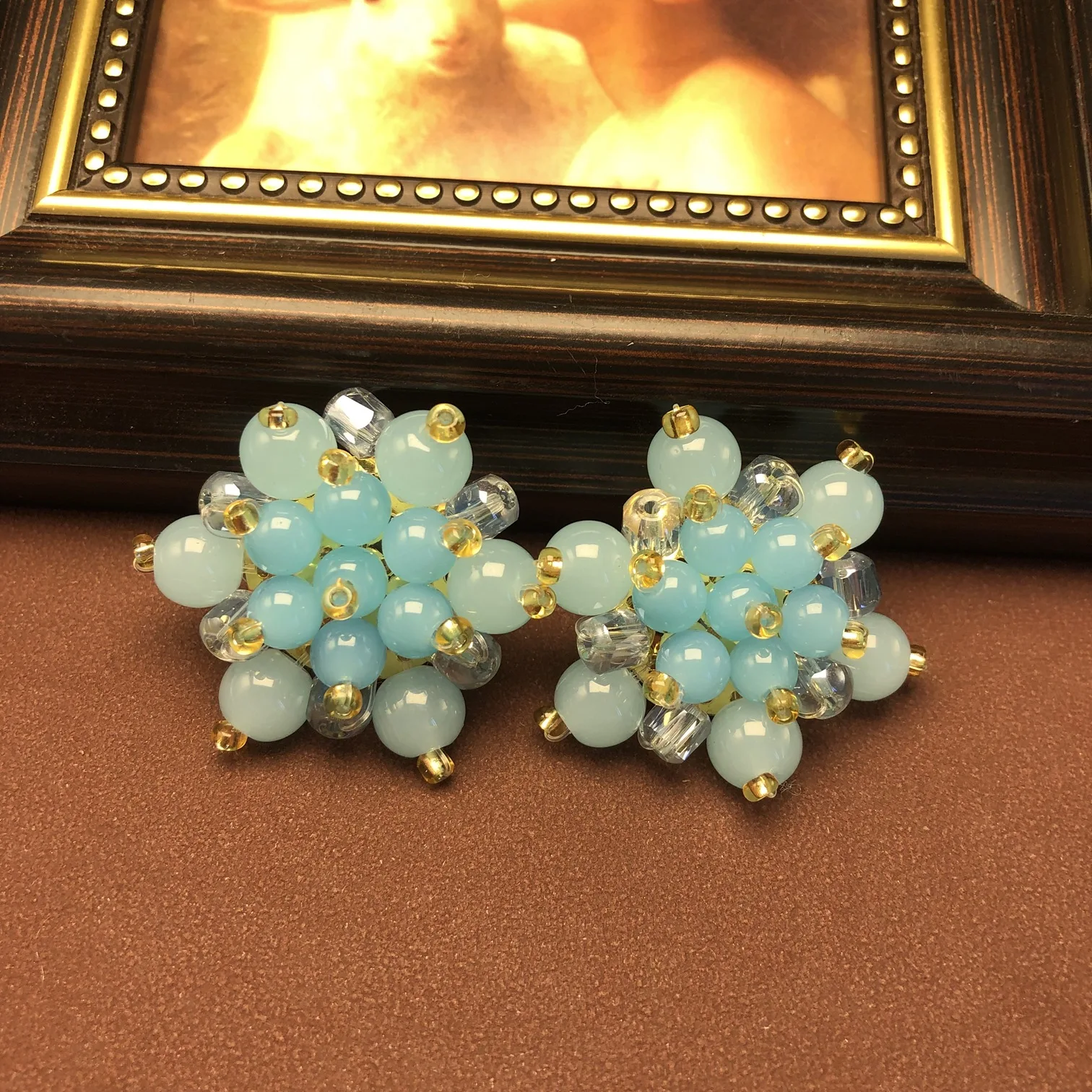 versatile hand-beaded glass beads, multi-layered necklace versatile blue contrasting color braided ear clips