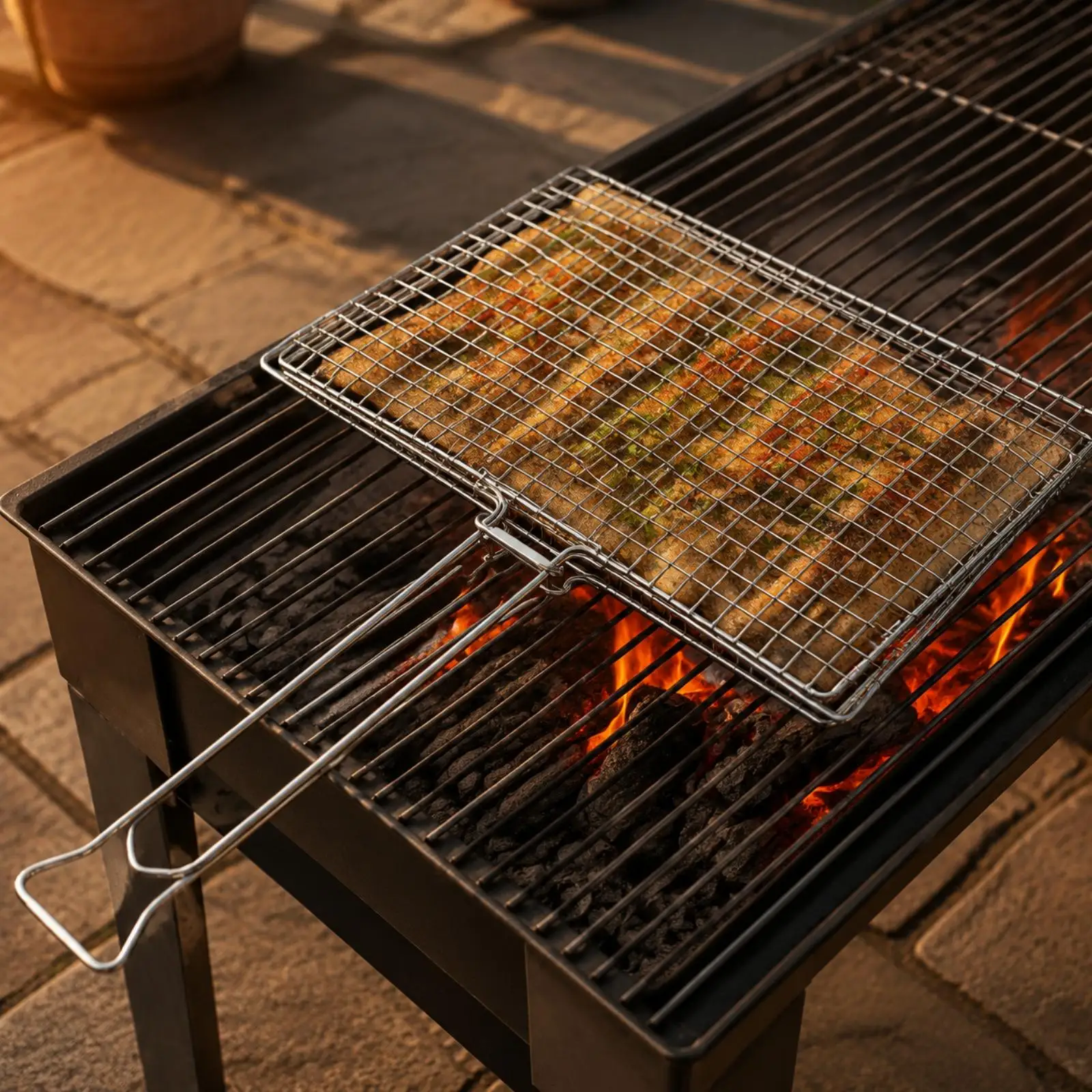 Grill Clamp Basket Stainless Steel Outdoor BBQ Tool with Hinged Rectangular Mesh Cage for Fish Meat Flipping over Grill Fire
