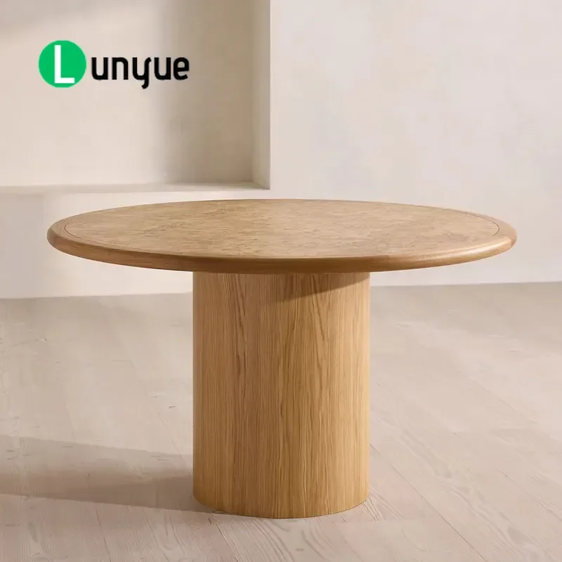 Italian Minimalist Oak Round Dining Table Knot Wood Veneer Cylindrical Base Modern Furniture For Family Home Kitchen Living