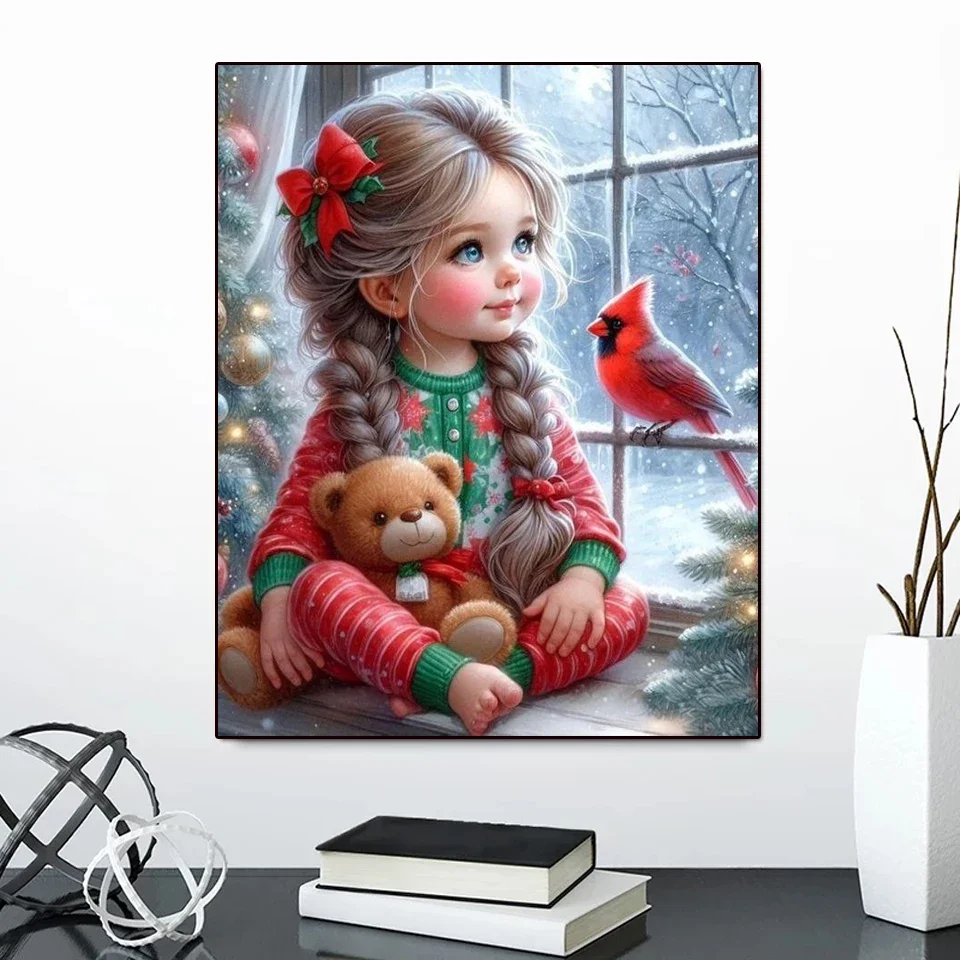 5D DIY Diamond Painting Cross Stitch Kits Christmas Girl and Cat Dog Embroidery Full Sets bird Snow Landscape Wall Decorative