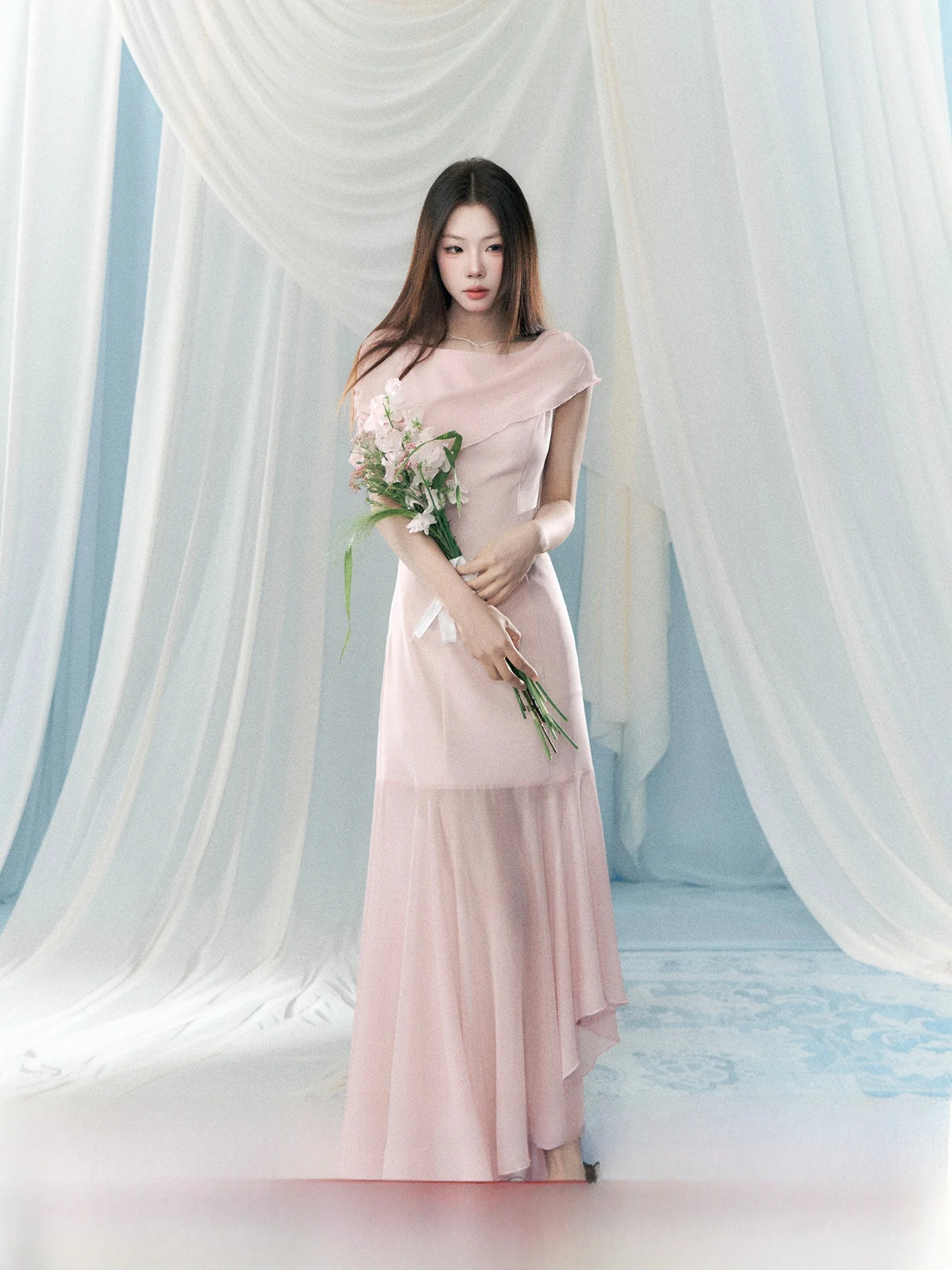 Pink Sleeveless Long Dress Women's Summer New Style Mesh Splicing Design Pure Desire Wind A-Line Skirt Korean Style Commute