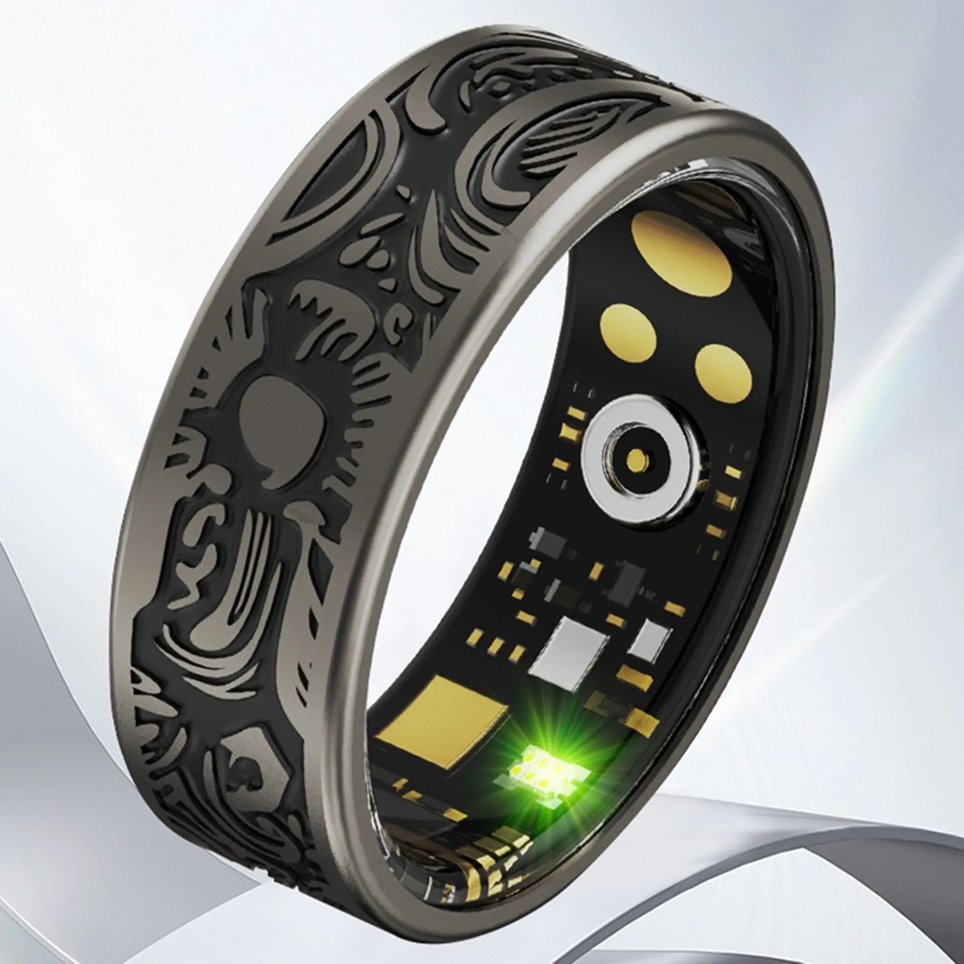 Vintage Pattern Smart Ring Heart Rate and Blood Oxygen Health Monitoring Sports Steps Waterproof Remote Control Phone Camera USB