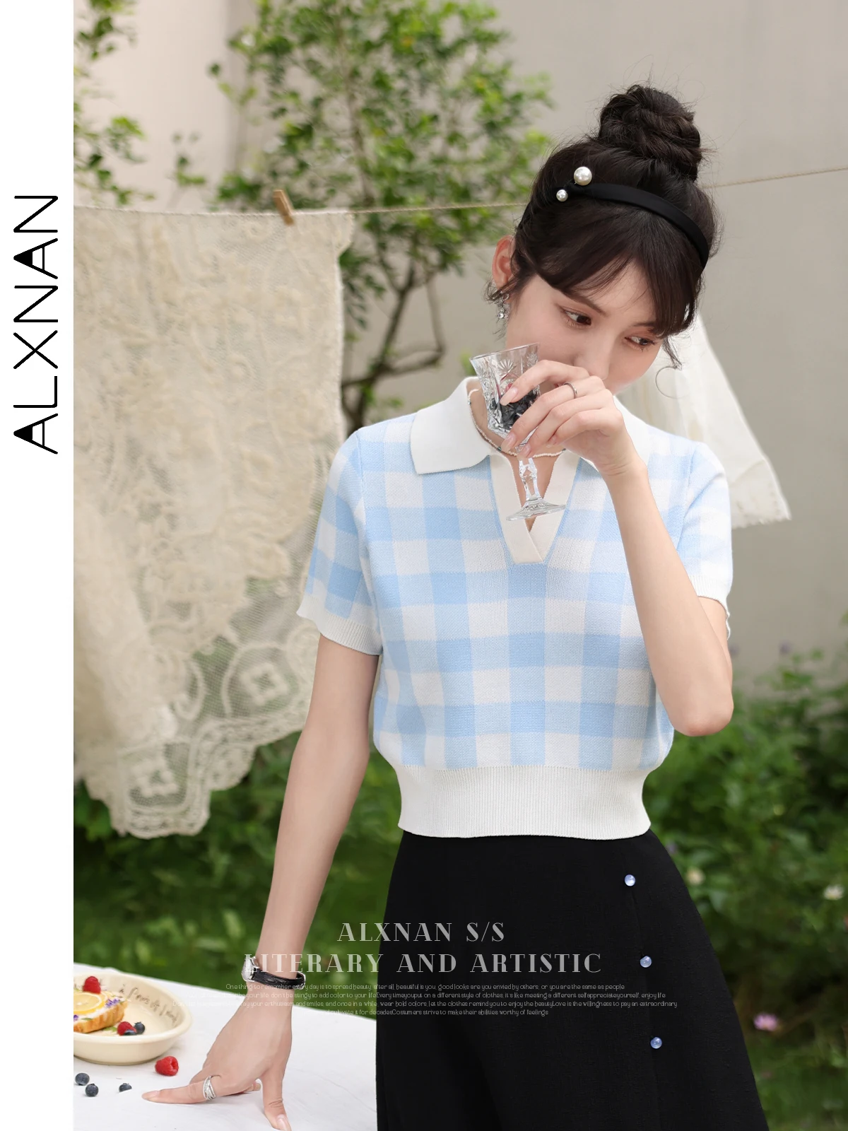 

ALXNAN Women's Plaid Knitted Tops Short Sleeve T-shirts V Neck Pullover Summer Sweaters 2024 Female Knitwear Clothes LXN30318