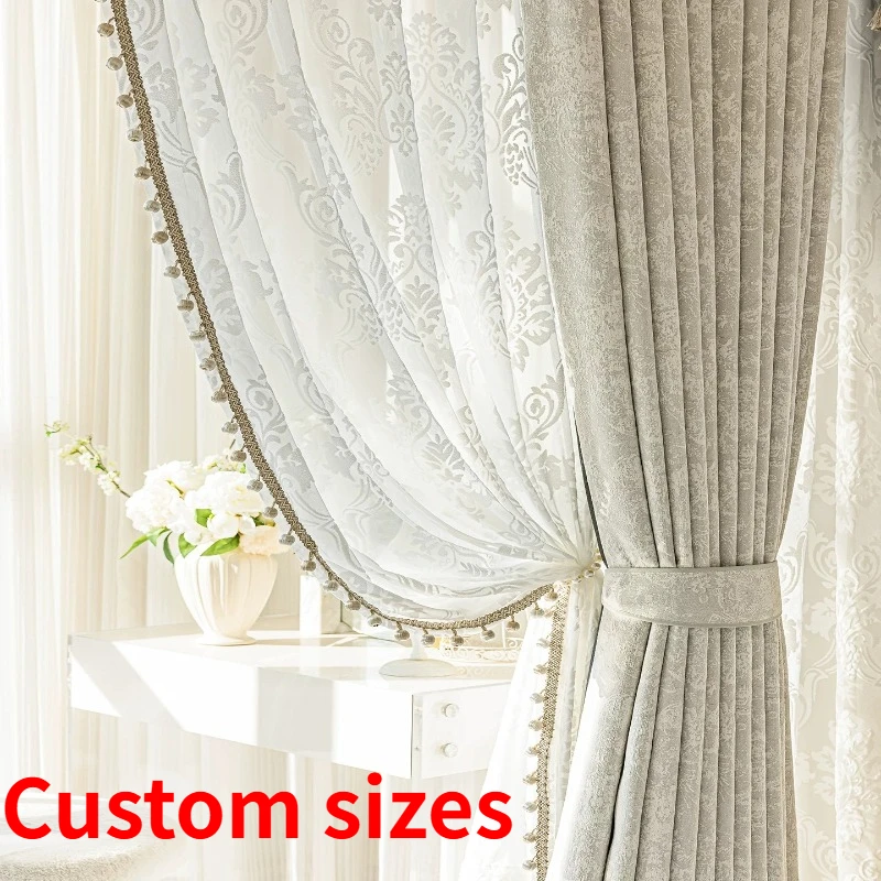 New Relief Jacquard Beige Chenille Curtains for Living Rooms Bedrooms Villas Custom Size Tulle Blackout Window Screens Valance