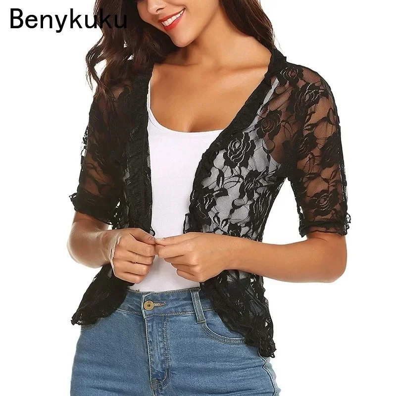 

Black Floral Lace Cropped Shrug Coat Womens Jackets and Coats Female Short Sleeve Open Front Bolero Tops Ladies Cardigan Elegant