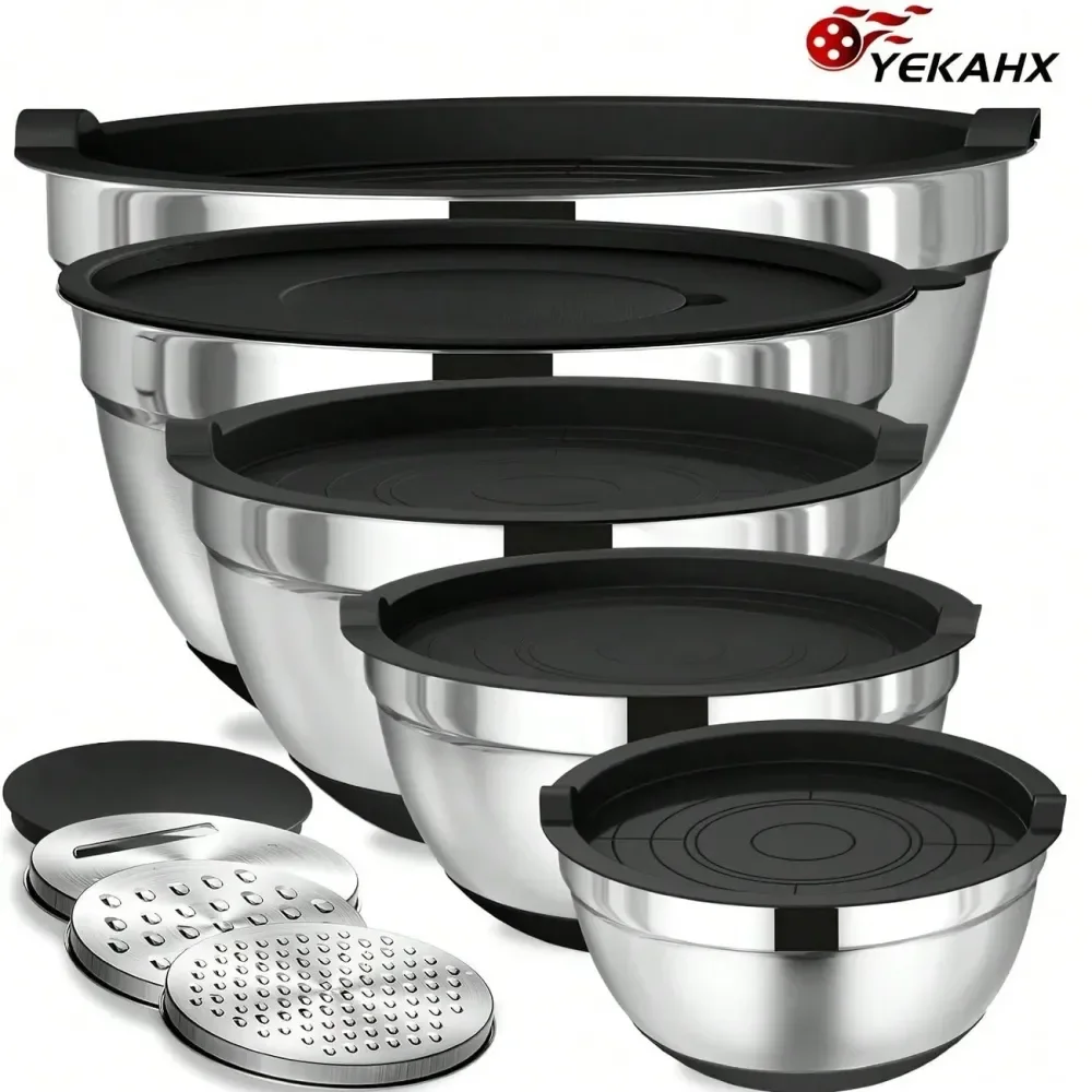 

Набор из 8 мисок для смешивания с крышками, 18-сантиметровые вкладываемые миски с герметичными крышками и терками, из нержавеющей стали, с нескользящим дном, для выпечки