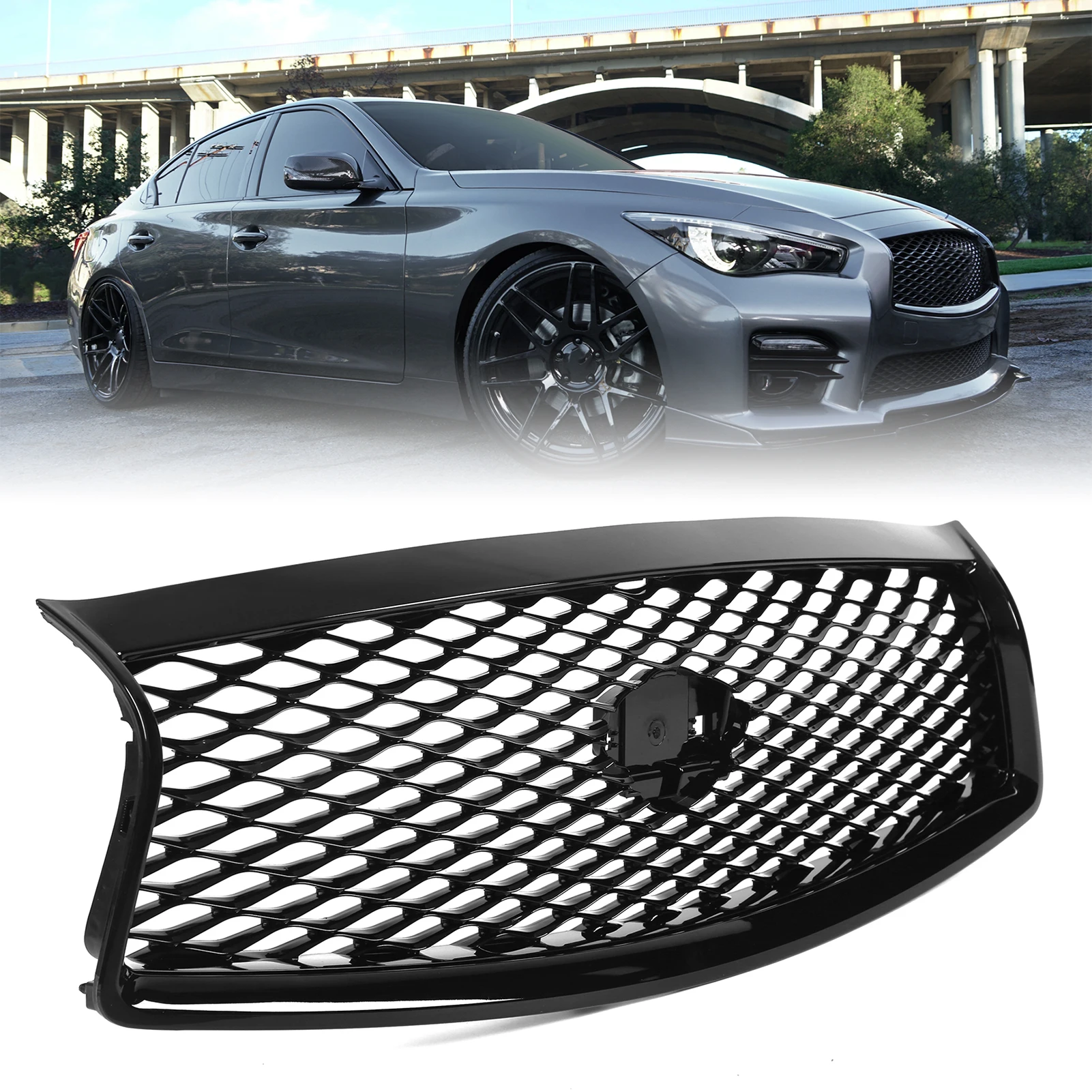 Gloss Black Front Bumper Mesh Grille Replacement For Infiniti Q50 2014‑2017 Eau Rouge Style Car Exterior Modification Parts