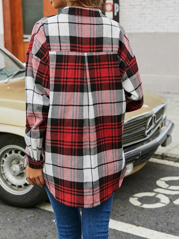 New Korean Style Long-sleeved Plaid Women\'s Shirt Fashionable  Design High-end Plaid Top with Pockets Pleated Loose Shirt