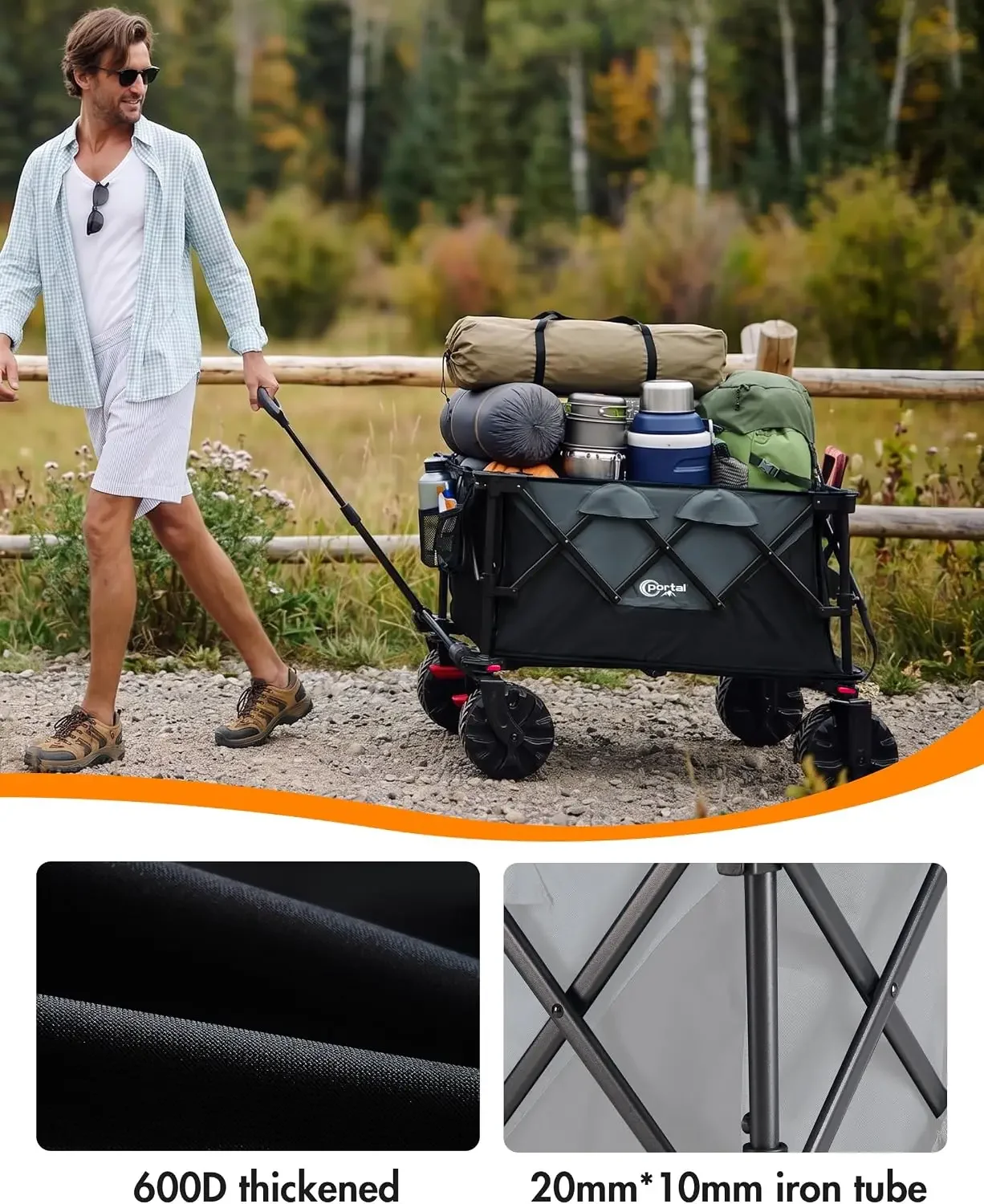 Heavy-Duty Folding Wagon Cart, Large Collapsible Utility Wagon with All-Terrain Wheels for Beach, Camping, Garden & Grocery