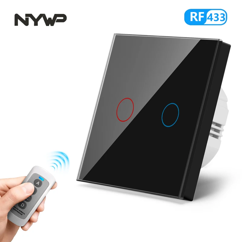 NYWP UE Interruptor de controle remoto sem fio Preto Painel de vidro cristalino de luxo Lâmpada de parede para casa inteligente Sensor indicador LED 1/2/3 Gang