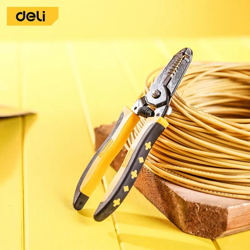 DELI 7 Inch Wire Stripper Crimper Cable Cutter And Cutter Slip Resistance Blade Dual Color PVC Coated Handle