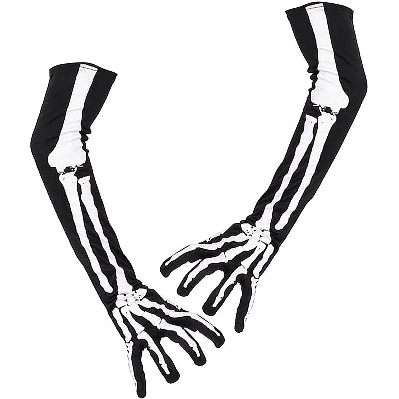 Unisexowe zimowe rękawiczki na Halloween dla dorosłych, z motywem szkieletu i czaszki, zakrywające całe palce, długie, świecące w ciemności, elastyczne, do cosplayu, w stylu gotyckim, akcesoria.