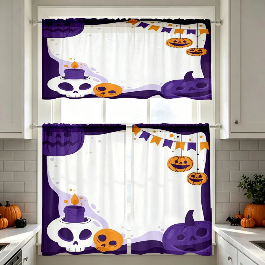 Halloween Fall Kitchen Curtains, Skull Candle Pumpkin Flag, Digital Print, Kitchen Dining Room, Rod Pocket Polyester, Home Decor