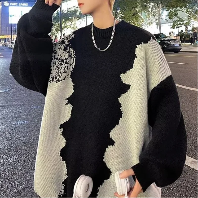 

Мужской вязаный свитер большого размера с круглым вырезом, черный, белый цвет, свободный крой, повседневный уличный пуловер