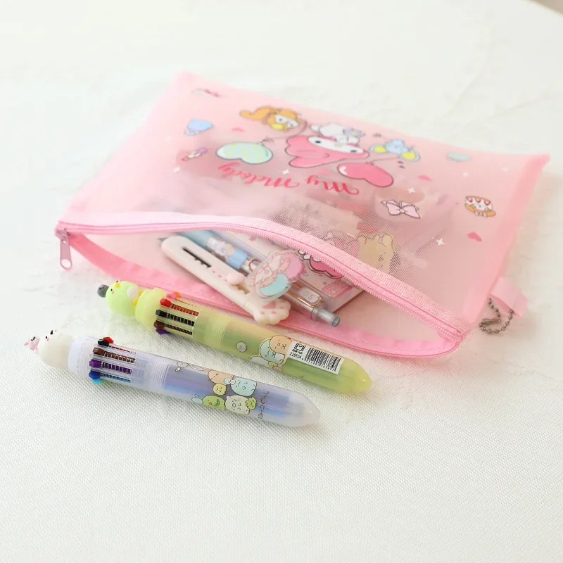 Sanrio Mesh Zipper Pouch Transparent Storage Bag Portable Girls Cosmetic Bag Student School Office Supplies Pencil Case