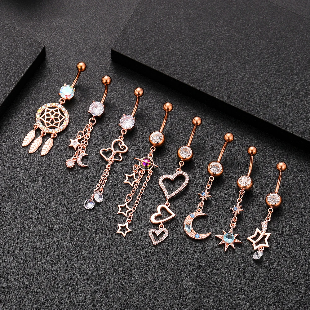 Blue Crystals Belly Button Rings Women Dangle Surgical Steel Navel Rings Cubic Zirconia Star Moon Piercing Ombligo Oreja Jewelry