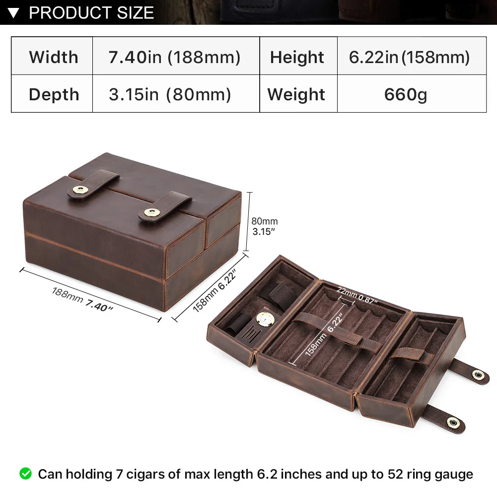 Genuine Leather Portable Humidor Cigar Travel Case 7 Tube Holder Built in Hygrometer Humidifier Magnetic Closure Cigar Box