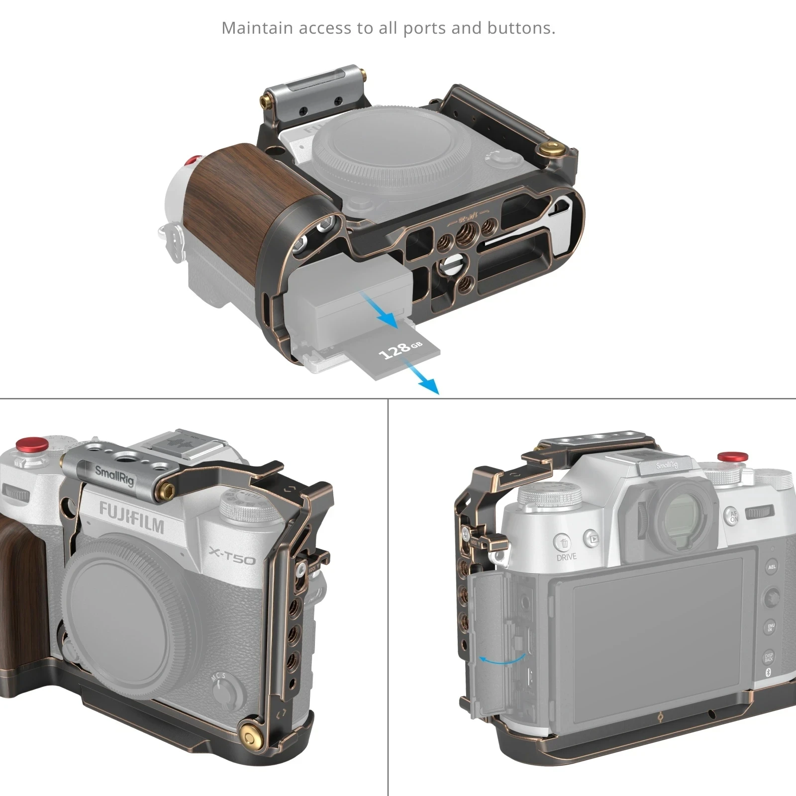 SmallRig Retro Cage Wooden L-Shape Grip for FUJIFILM X-T50 Protective Cover for FUJI Soft Leather Half Case with shoulder strap