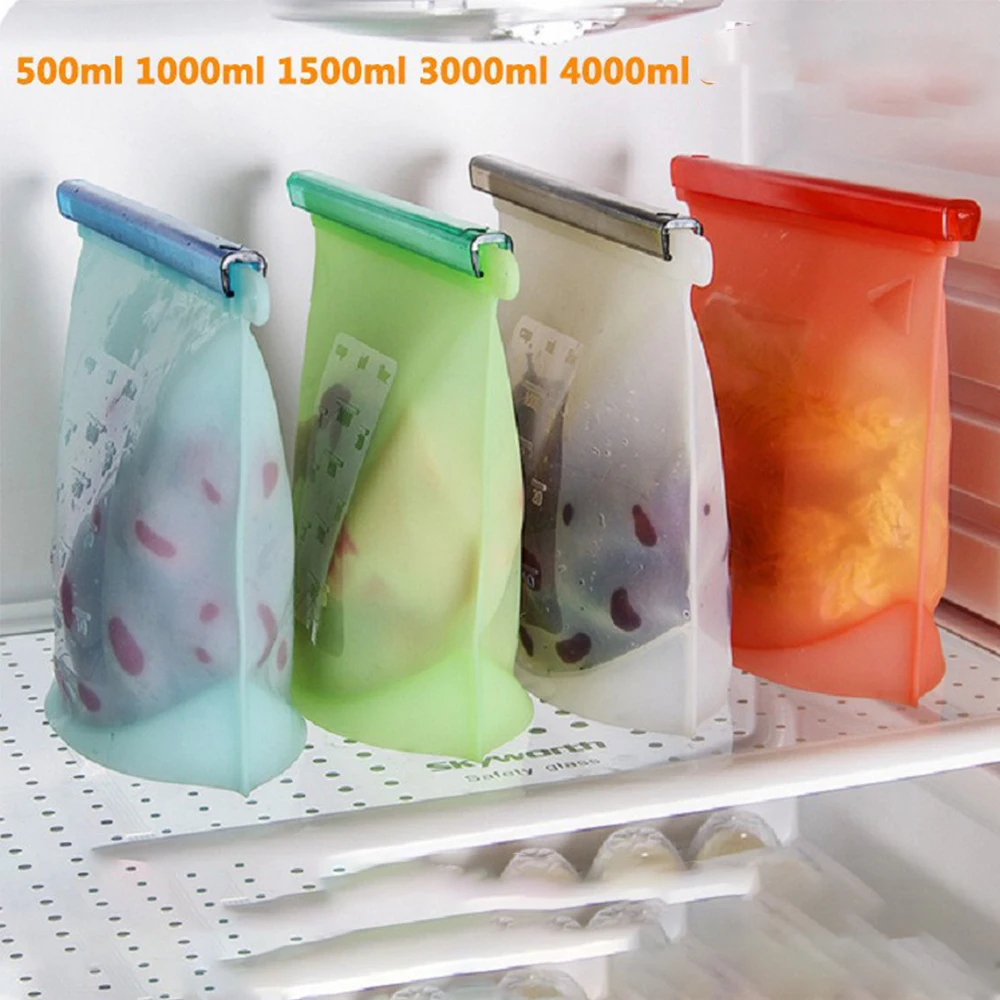 500/1000/1500ml Silicone Food Bag Freezer Reusable Fresh-keeping Bag Food Fruit Storage Bag Kitchen Leakproof Fresh Shut Bags