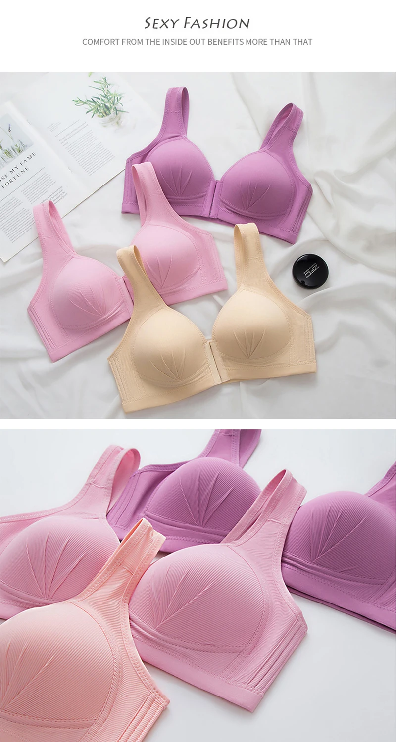 Damen-BH ohne Bügel, Frontverschluss, einfarbig, volle Abdeckung, feste Cups, Push-up-BH, stützender BH, stoßfeste Unterwäsche – Detail 6