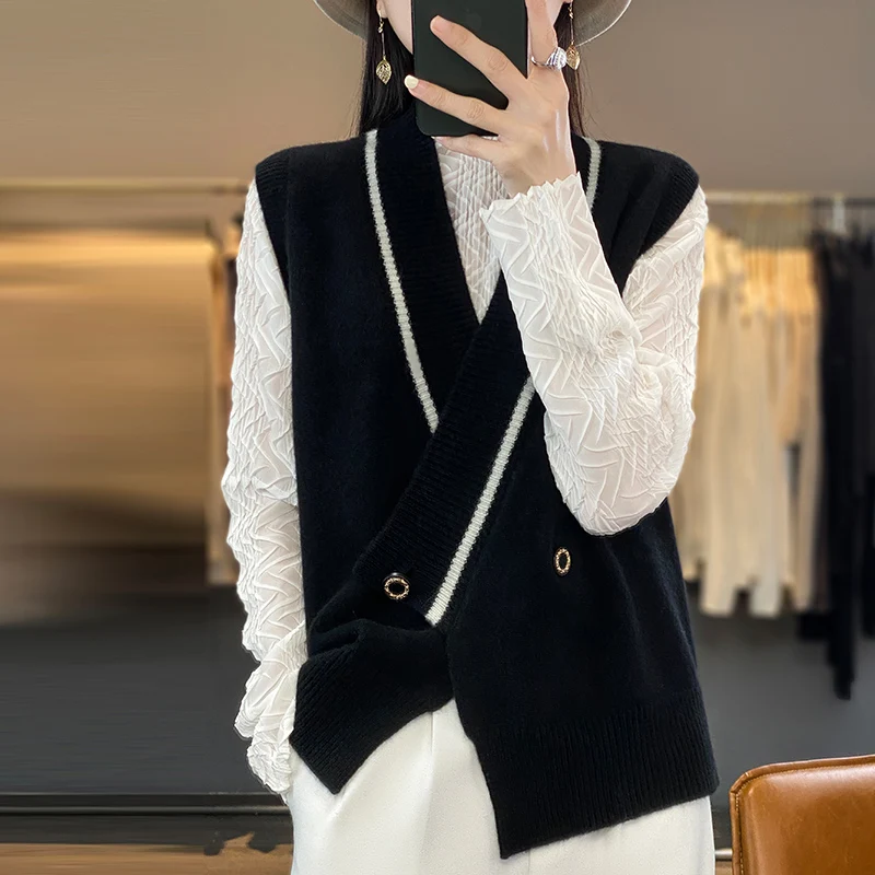 Loose lazy knitted cashmere vest women V-Neck sleeveless vest solid color comfortable soft new product hot