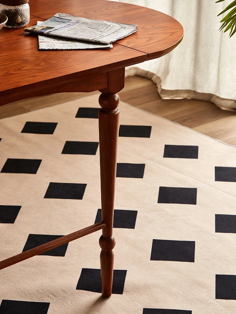 French retro folding dining table, small household solid wood antique restaurant oval table