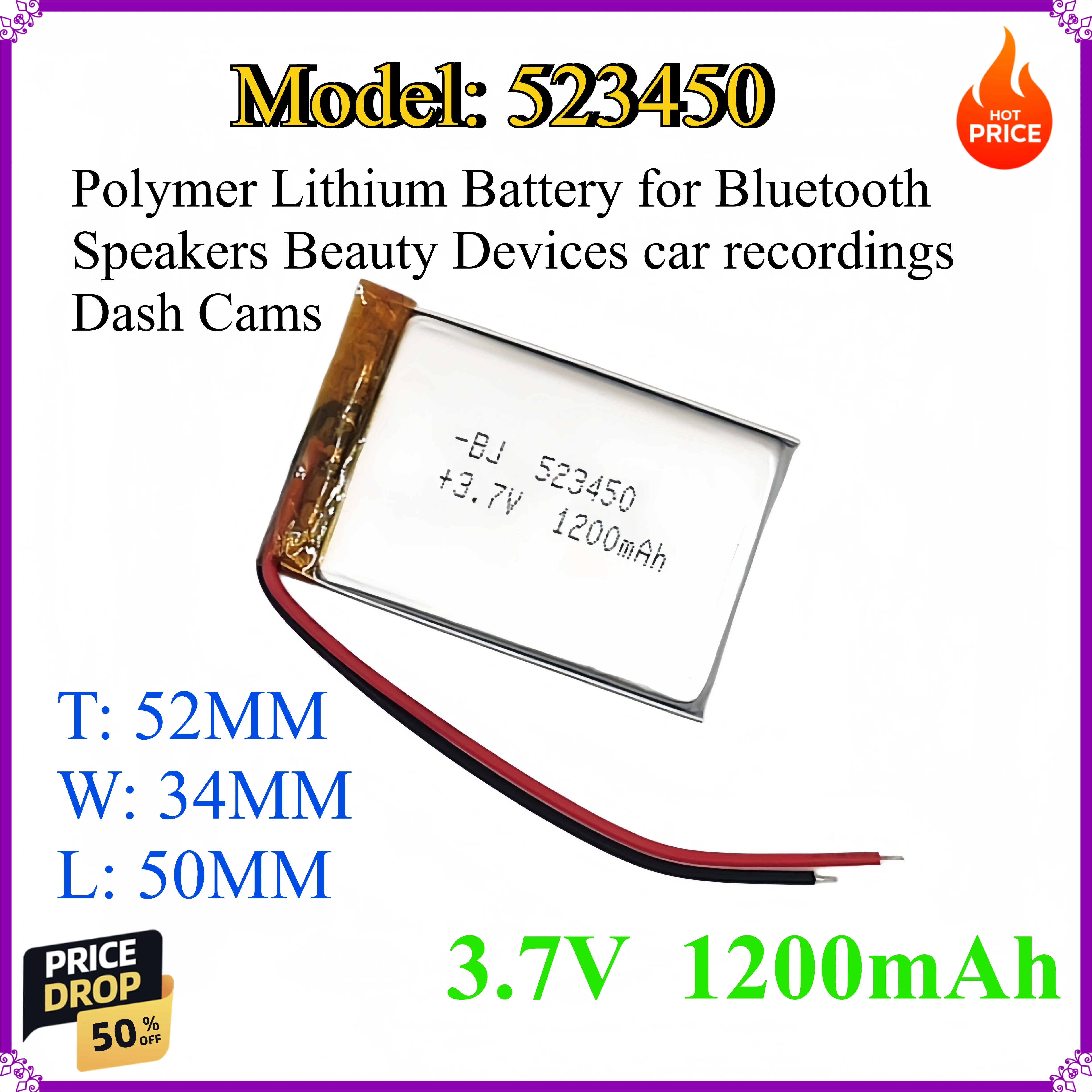 

523450 1200mah 3.7V Polymer Lithium Battery for Bluetooth Speakers Beauty Devices car recordings Dash Cams