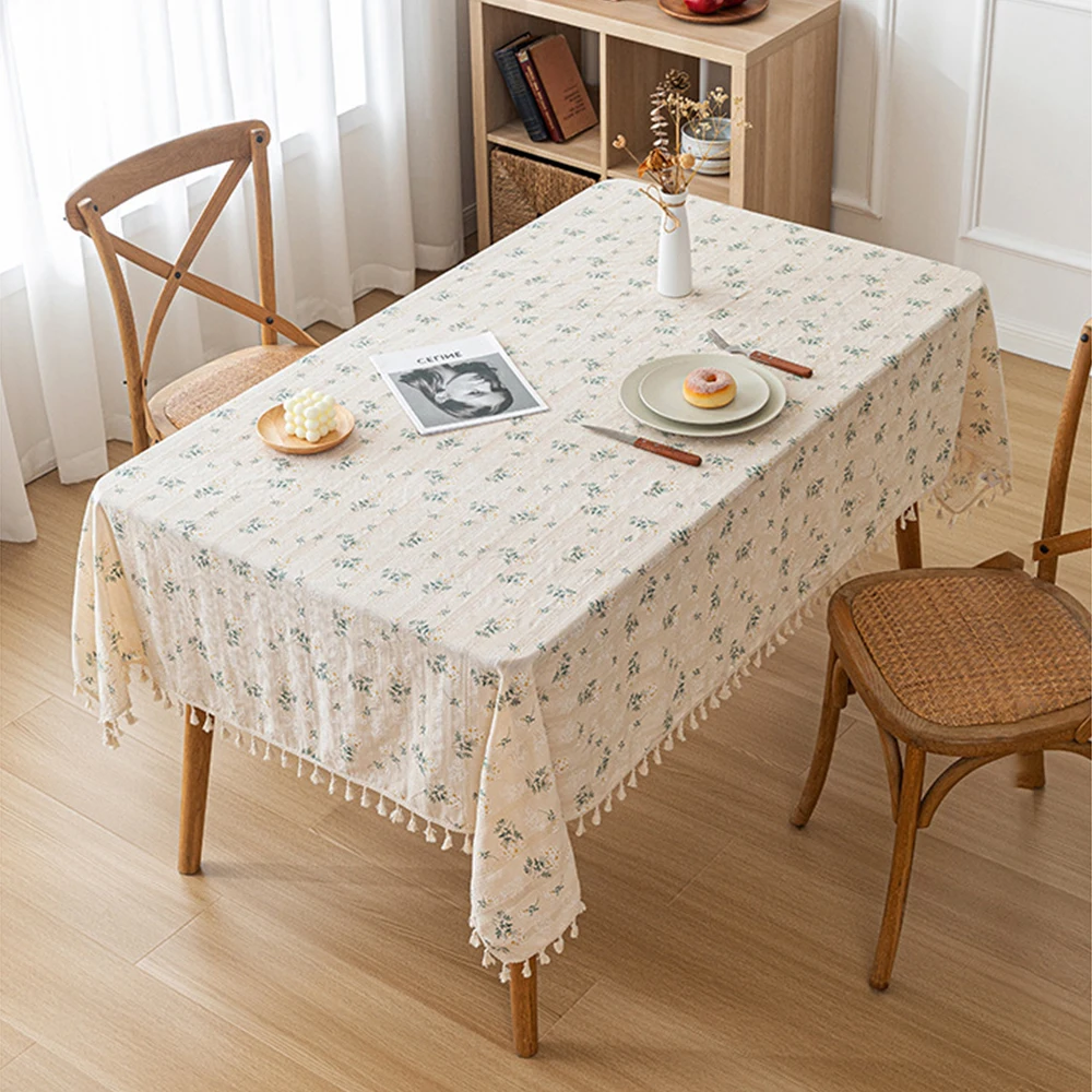 

Pastoral Fresh Soft Ribbed Jacquard Daisy Print Fabric 100% Cotton Tablecloth With Tassel For Home Decor