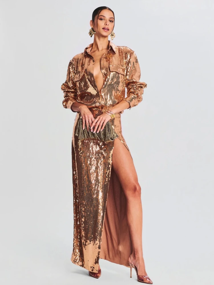 

Women's Two Piece Sequin Set Sexy Gold Long Sleeve Top+Long Edge Split Sequin Skirt Set Elegant Party Nightclub Set