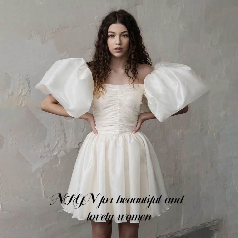 

NFYN White Elegant Prom Dress Strapless Puff Sleeves Prom Gown Backless A-Line Mini Skirt Evening Dresses for Woman Customized