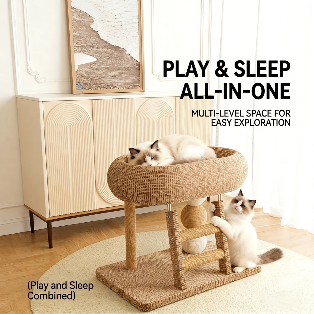 Sisal Cat Tree Bed Ladder Comfortable Soft Interactive Cat Scratching Post Wear-Resistant Detachable Design Cat Furniture for