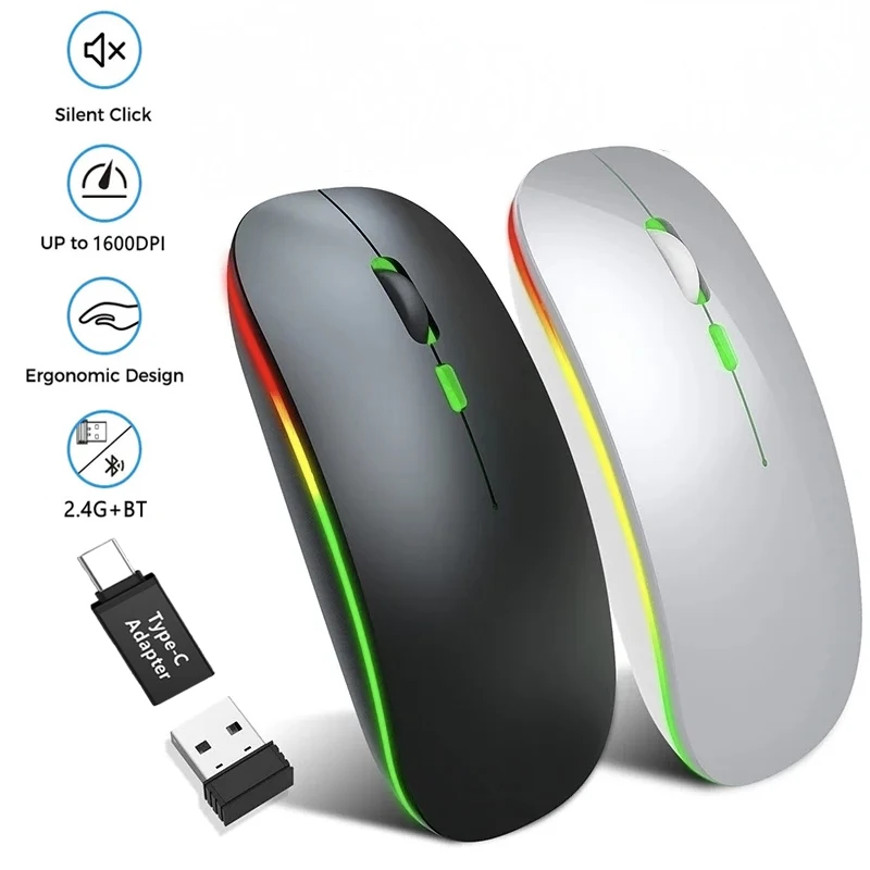 LED Wireless Mouse Rechargeable Silent Bluetooth-compatible Mouse Portable Dual Mode Computer Mice for Laptop Desktop MacBook