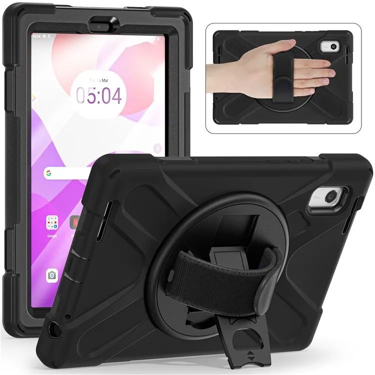 

For Lenovo Tab M9 TB-310FU (2023) Tablet Case Kickstand PC+Silicone 360 Degree Rotation Tablet Cover with Hand Strap - Black