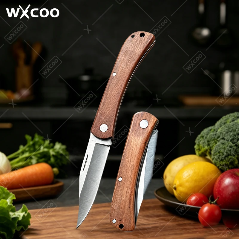 WXCOO Folding Fruit Knife Household Multi-Function Fruit Peeler Pocket Knife Wooden Handle Stainless Steel Kitchen Paring Knife