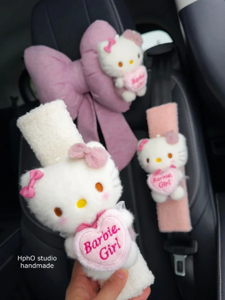 Kawaii Sanrio Hello Kitty Cartoon Car Headrest Kt Bow Plush Seat Belt Cover Universal Adjustable Car Pillow Neck Rest Cushion